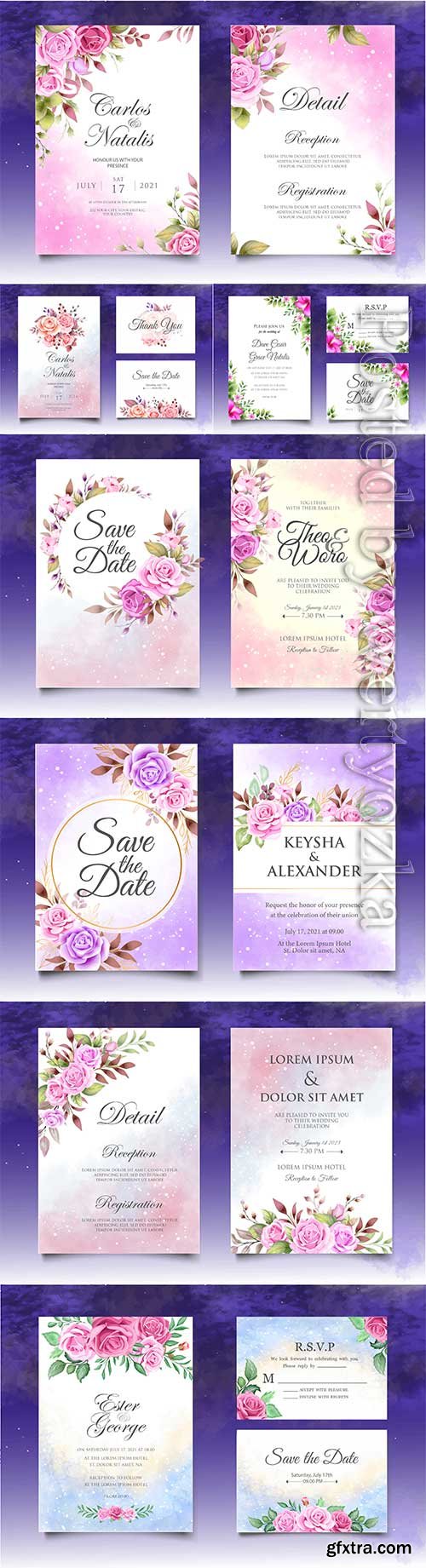Wedding invitation with red and purple roses