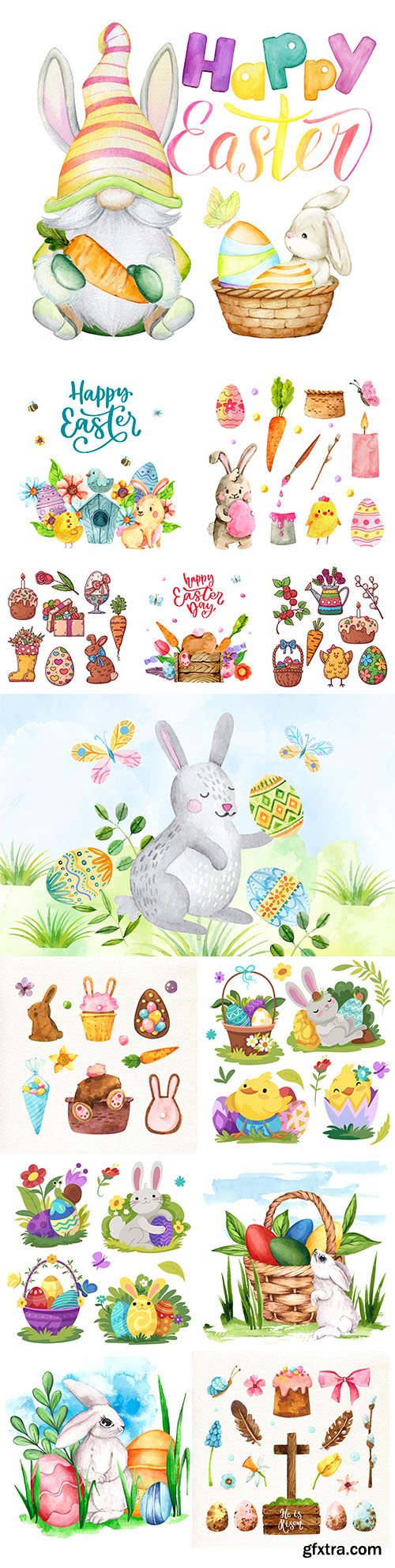 Happy Easter collection of watercolor illustrations and elements
