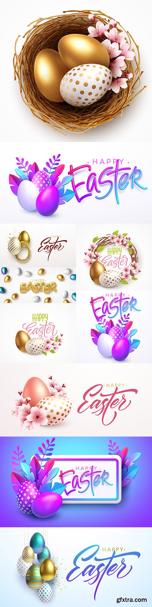 Happy Easter background with realistic eggs and spring flowers
