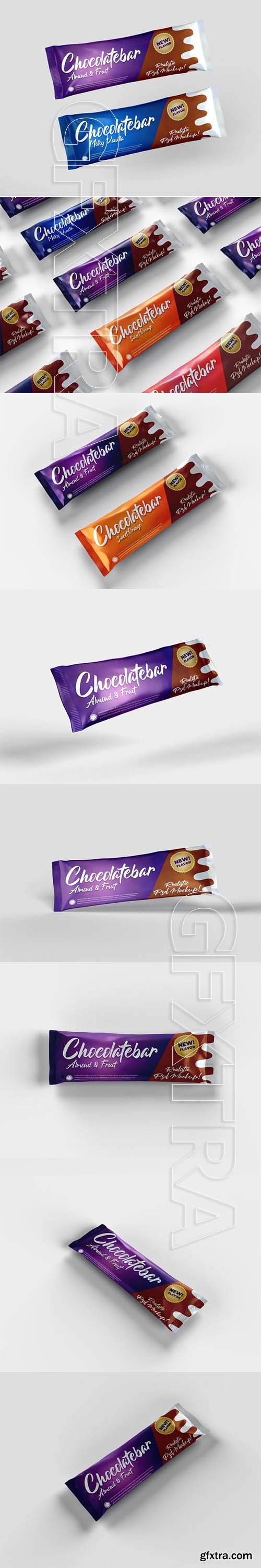 Realistic chocolate bar snack glossy doff packaging mockup