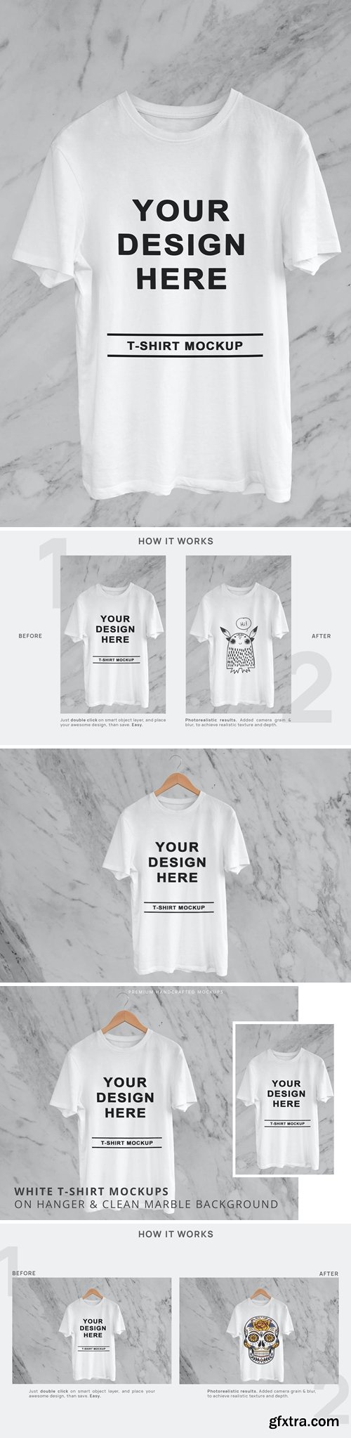 White T-Shirt On Hanger Marble Background Mockups