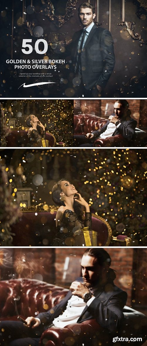 50 Cinematic Golden & Silver Bokeh Photo Overlays