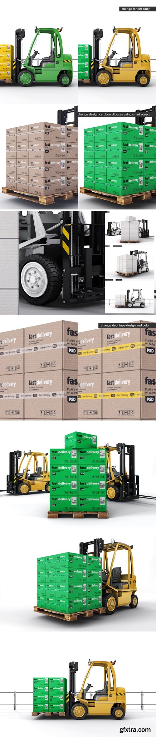 Forklift With Carton Boxes On Pallet Mockup