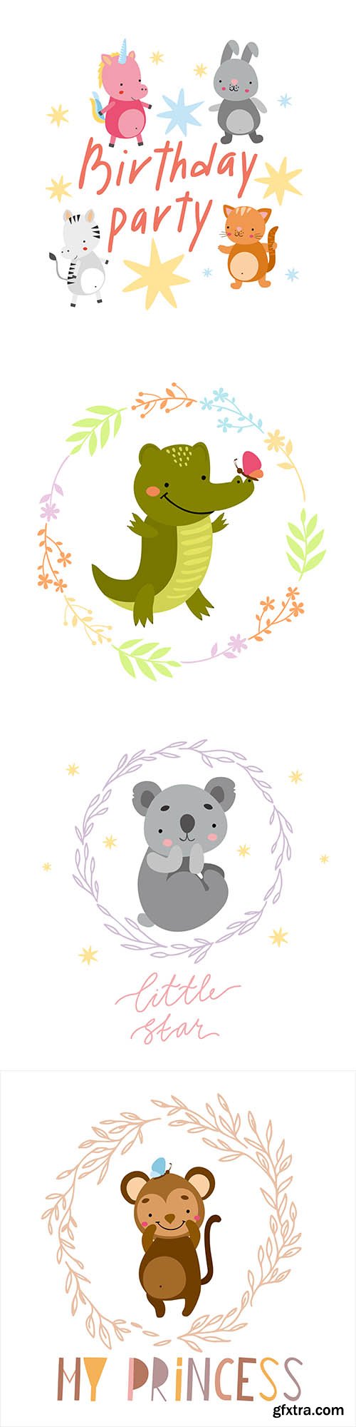 Birthday party illustrations with animals