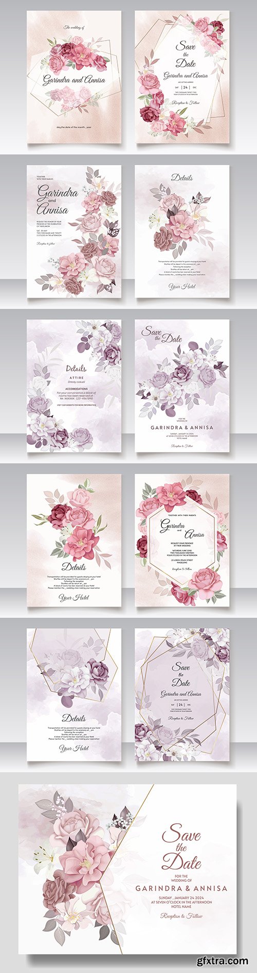 Floral wedding invitation template with elegant flowers and leaves
