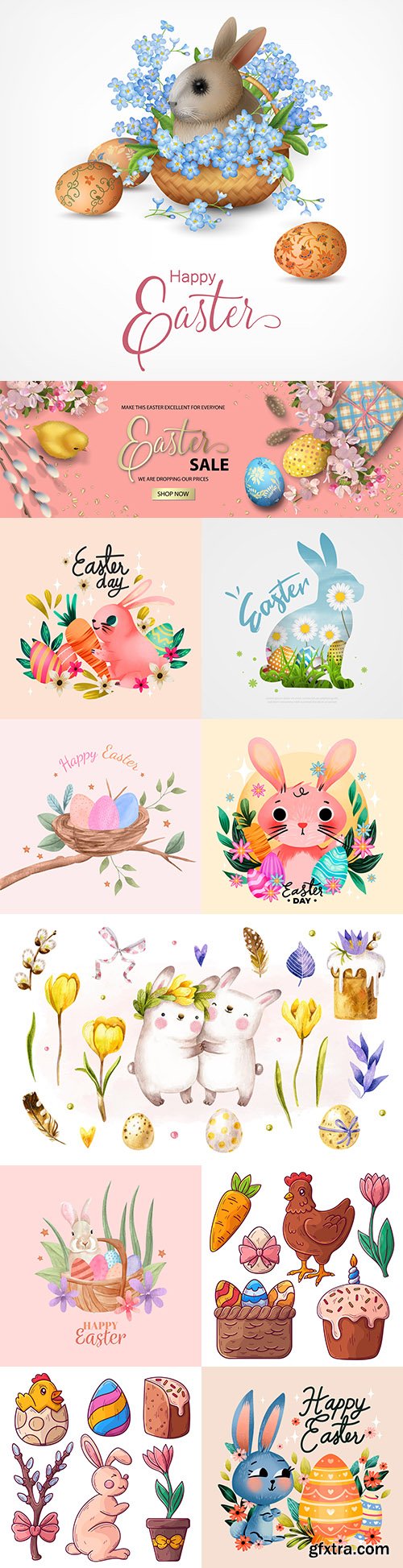 Happy Easter collection of watercolor elements with rabbits
