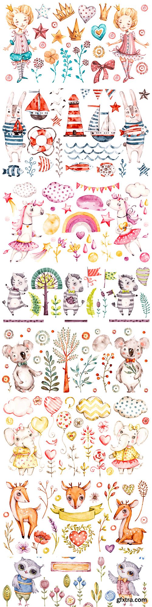 Cute animals and elements watercolor illustrations
