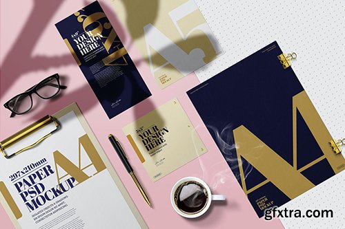 Stationery Mockup A4 A5 4x9 5x5 Golden Clipboard