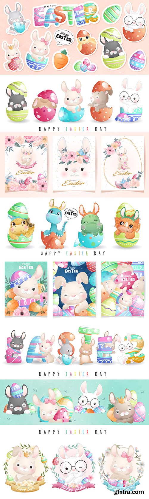 Cute rabbit illustrations and stickers for happy Easter day
