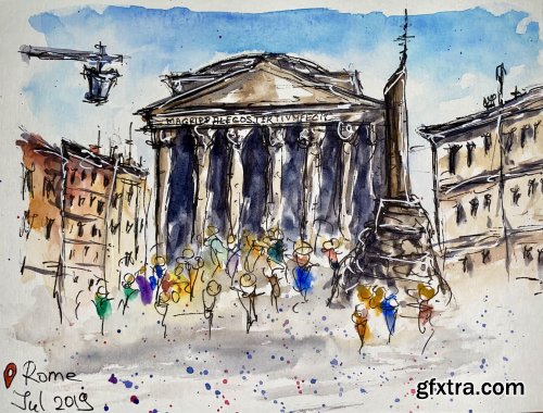  Ink+Watercolor Sketch of the Pantheon. Capture Memories from Your Own Roman Holiday!