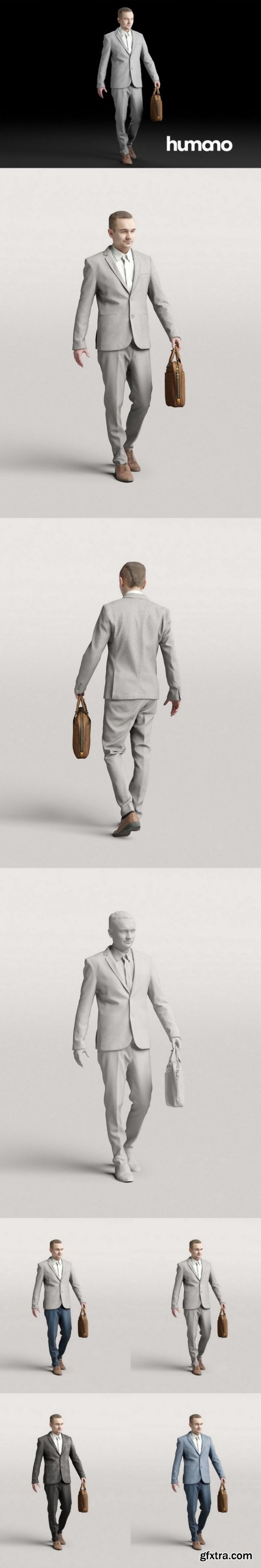 Humano Elegant Business Man Walking with a suitcase 0109 3D model