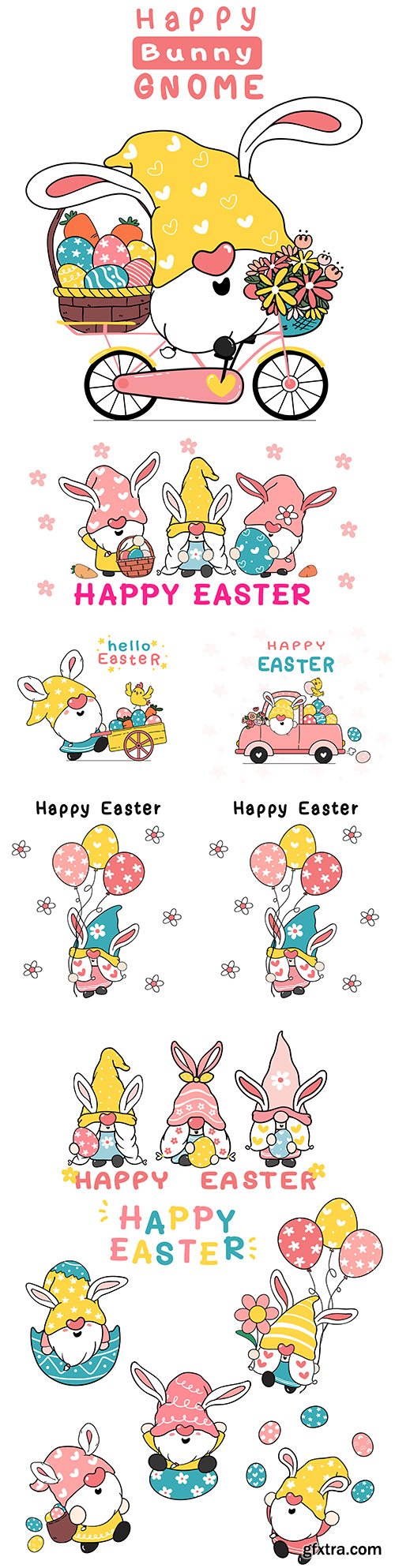 Cute Easter gnome rabbit with ears and flowers illustration
