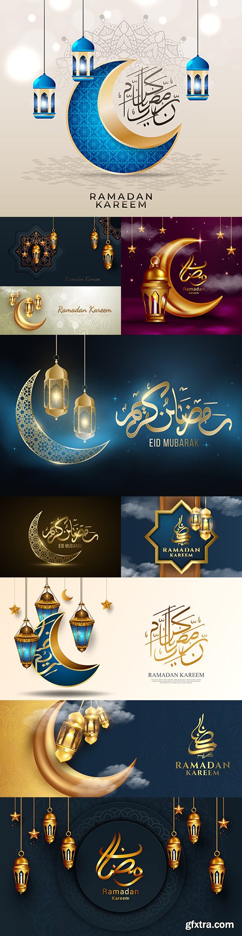 Islamic greeting Ramadan Kareem design with beautiful lanterns and crescent
