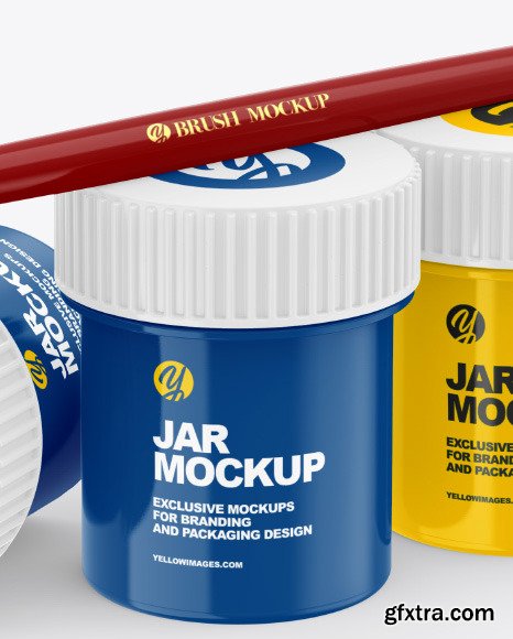 Glossy Paint Jars w/ Brush Mockup 76548