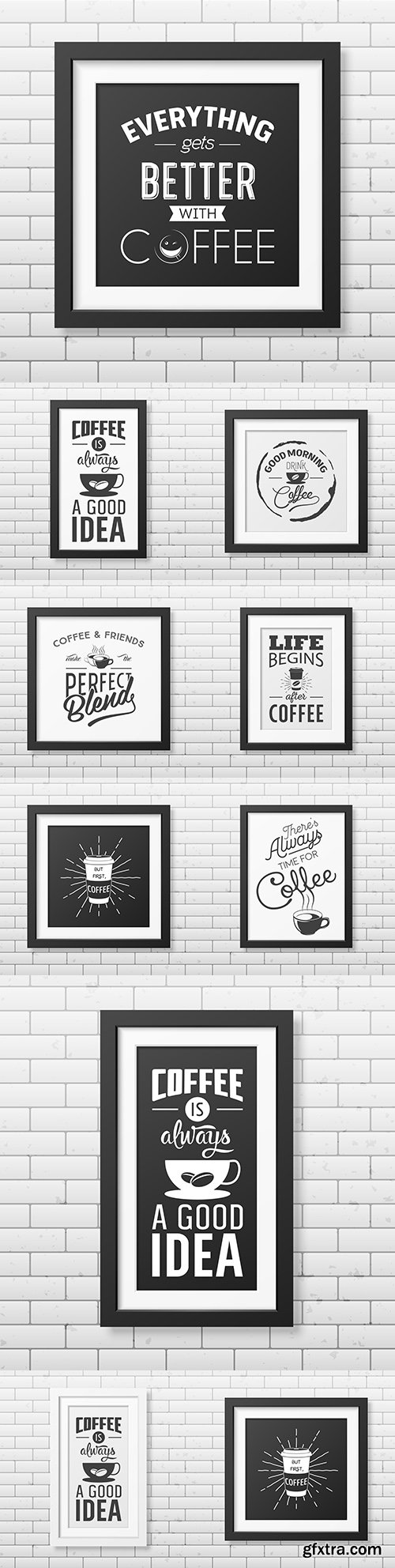 Coffee quote typographic in realistic square frame on brick wall
