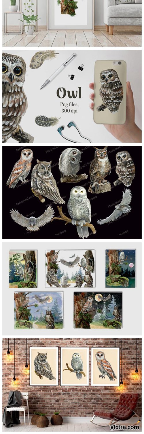 Owls in the Forest Watercolor Clipart 8514130