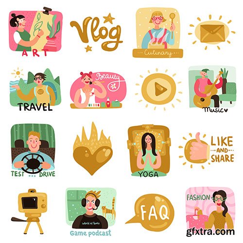 Video bloggers icons set with symbols flat