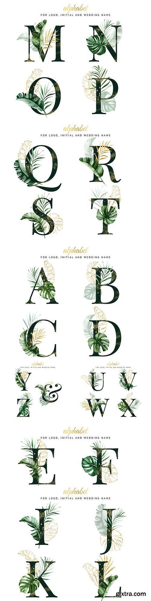 Decorative alphabet with tropical leaves for inviting design
