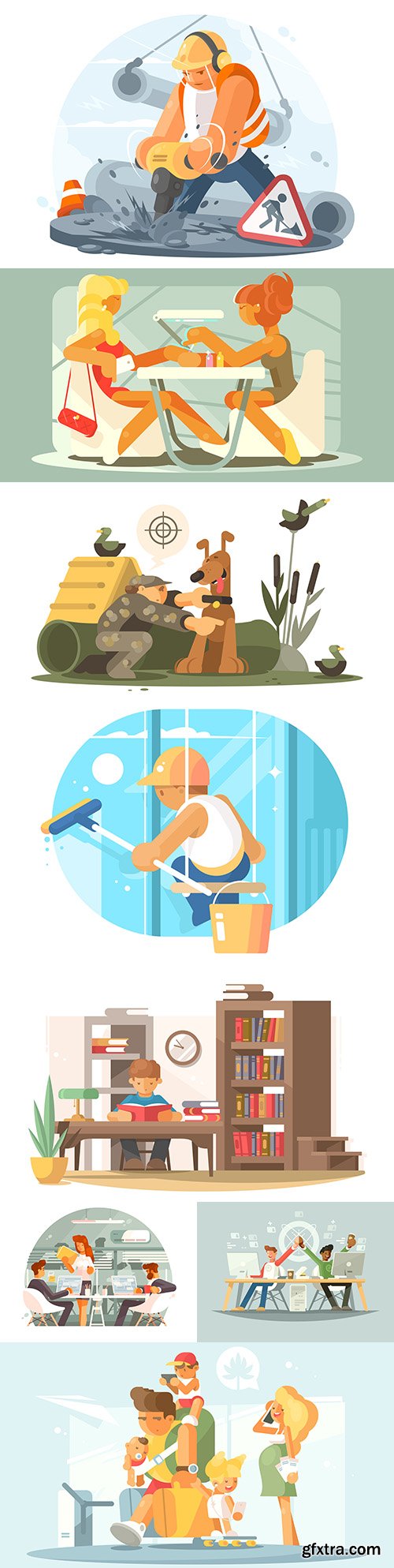 Different people at work and leisure modern design illustration
