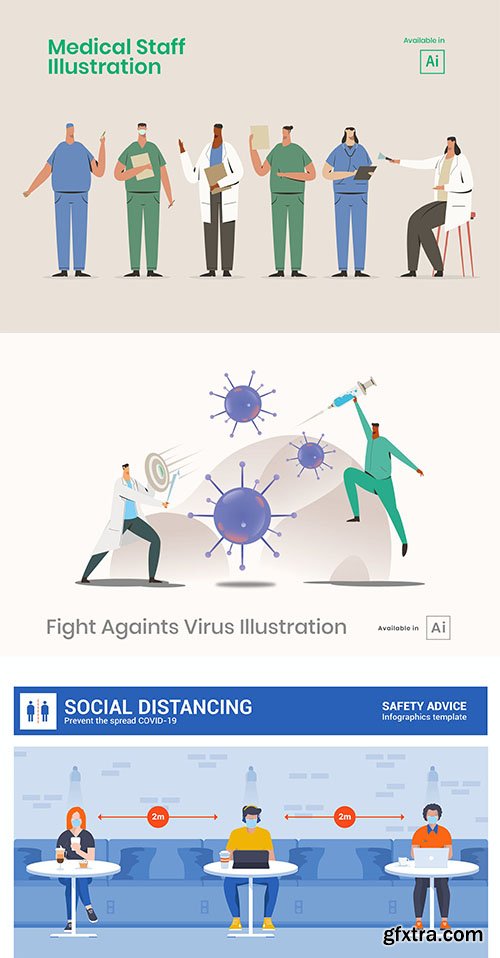 Medical staff and social distancing illustrations set