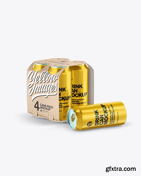 Carton Carrier W/ 4 Glossy Metallic Cans Mockup 77176