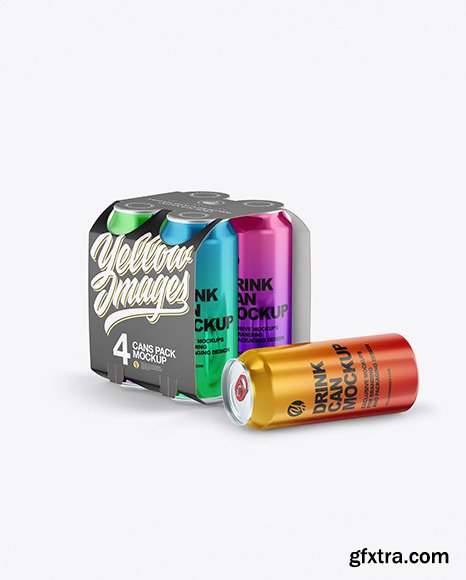 Carton Carrier W/ 4 Glossy Metallic Cans Mockup 77176