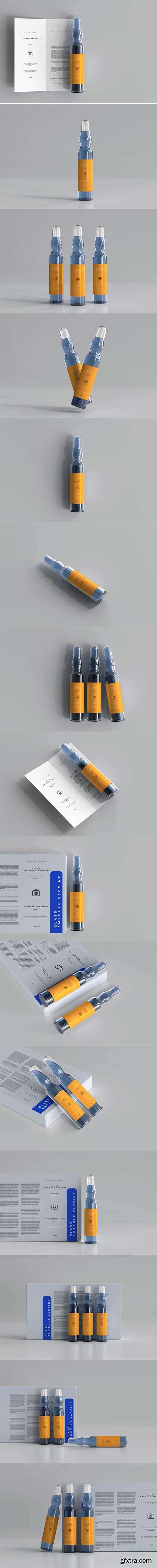 Glass ampoule vaccine with bi-fold brochure and box mockup