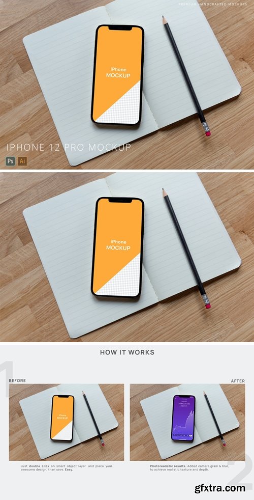 iPhone 12 Pro Mockup on Notebook Wooden Background