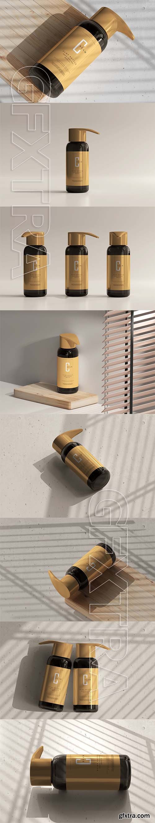 CreativeMarket - Amber Glass Pump Bottle Mockup 6006686