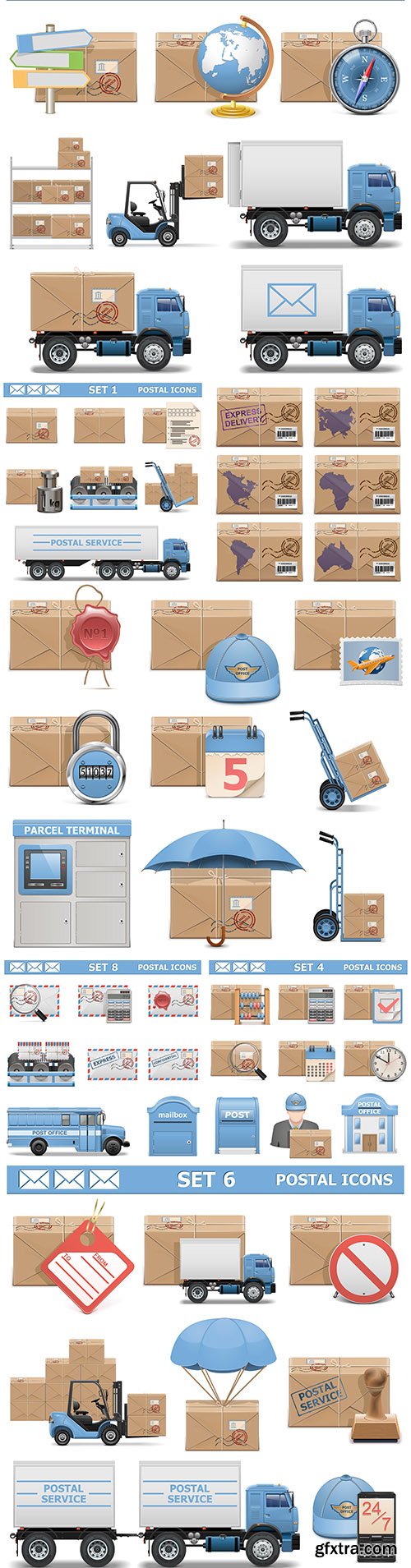 Mail icons and logistics delivery realistic design set
