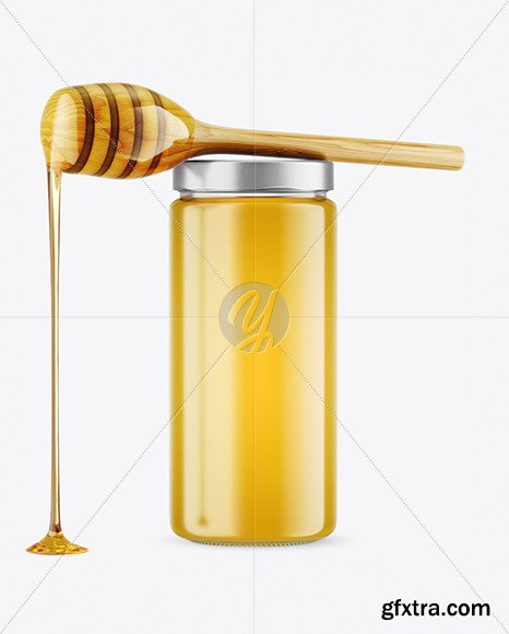 Clear Glass Honey Jar with Wooden Dipper Mockup 79176