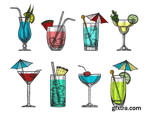 Vector hand-drawn colorful cocktail collection 