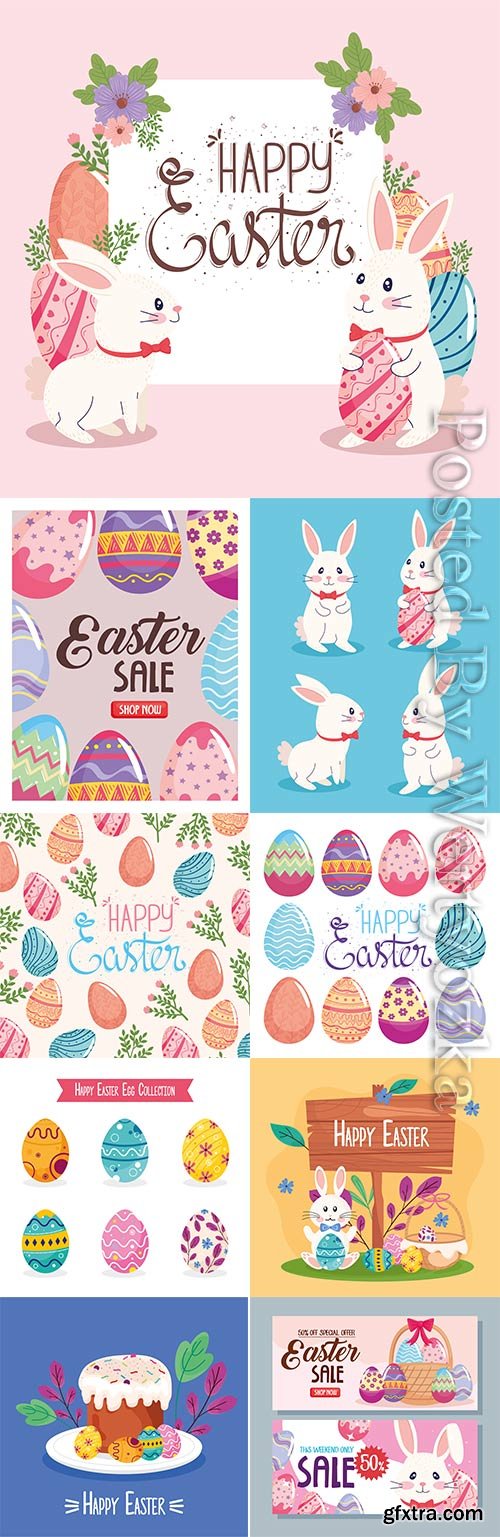 Happy easter lettering vector card with illustration