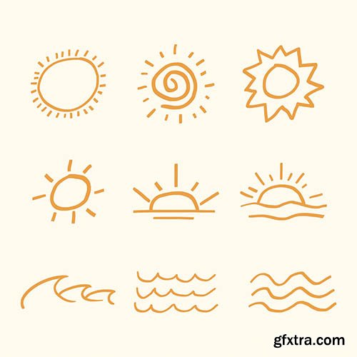 Orange summer sunset vector sticker cute doodle set 