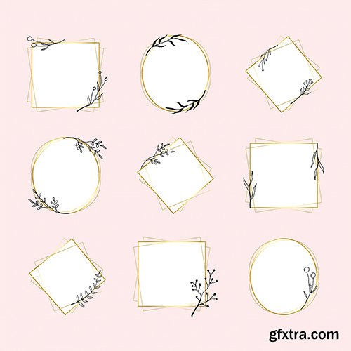 Gold geometric frame vector set in minimal flower doodle style 