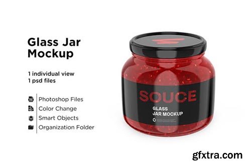 Glass red hot sauce jar in shrink sleeve mockup