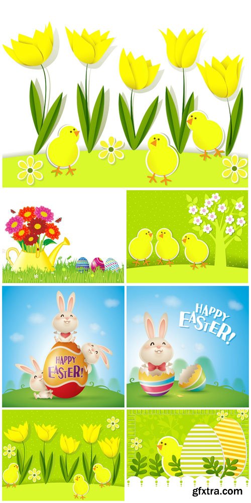 Yellow tulips and chickens, Easter illustrations in vector