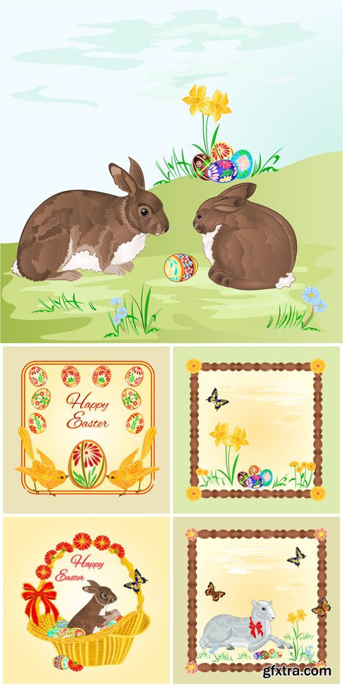 Easter bunnies, vector frames with butterflies