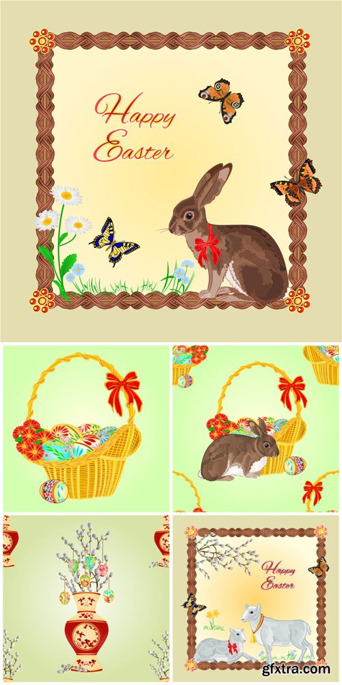 Easter bunny and basket with Easter eggs in vector