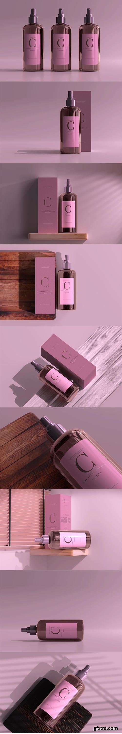 Amber glass cosmetic spray bottle mockup vol.2