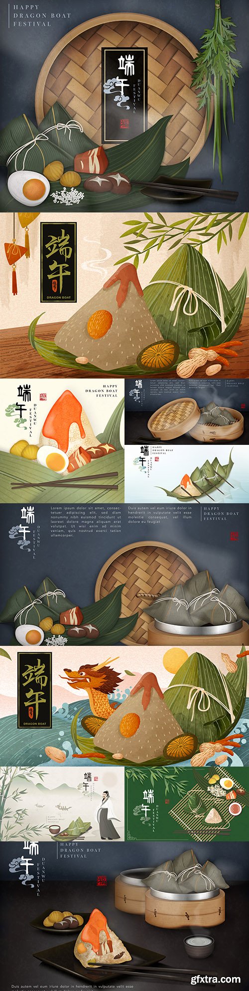 Happy dragon boat festival template with traditional food 
