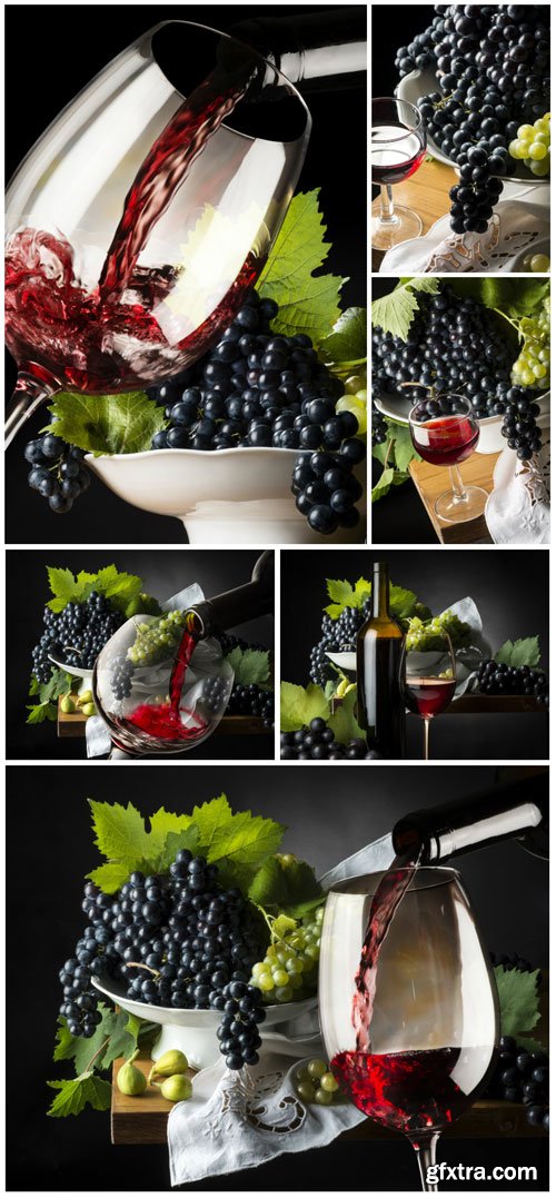 Glasses with wine, grapes stock photo