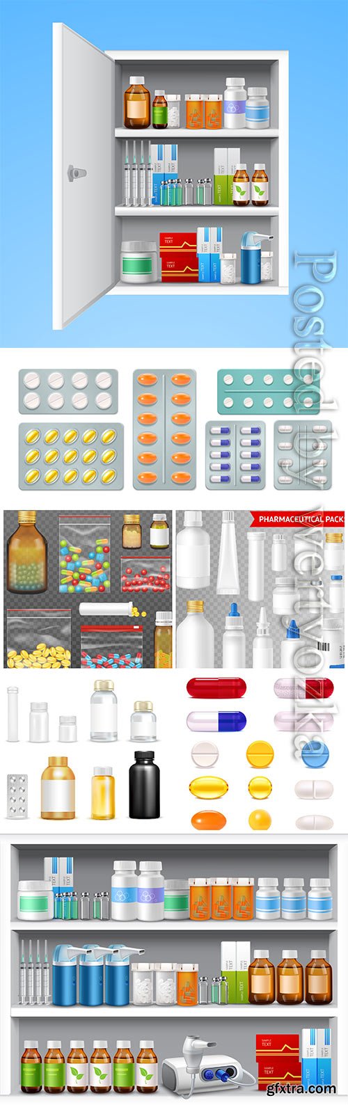 Medical drugs in vector, bottles with pills and medicines