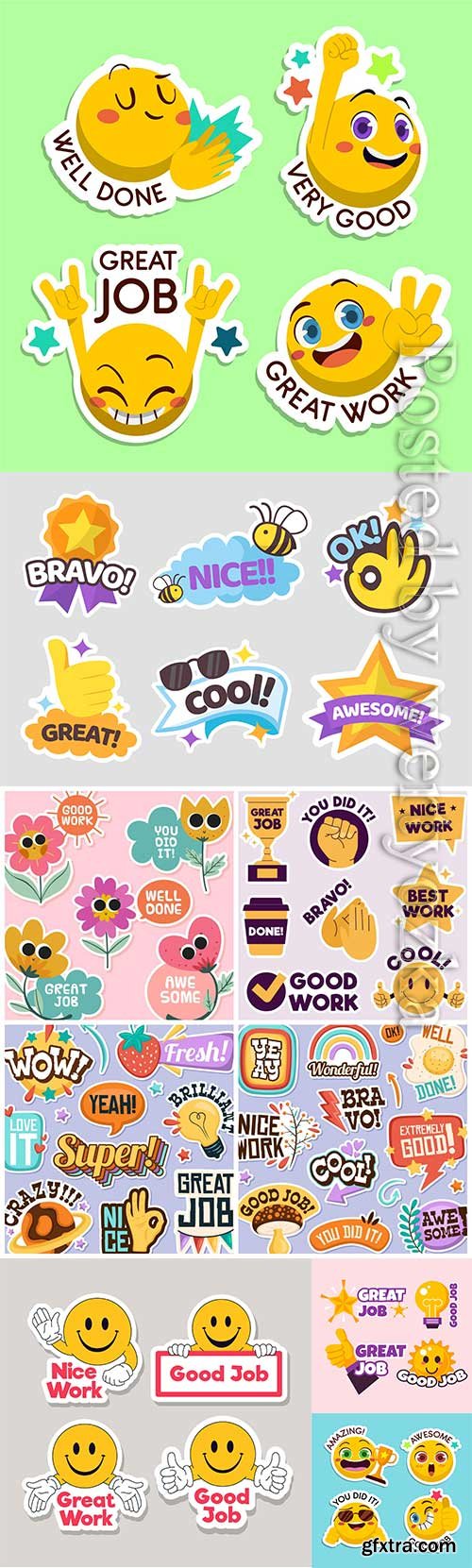 Cartoon good job and great job sticker collection