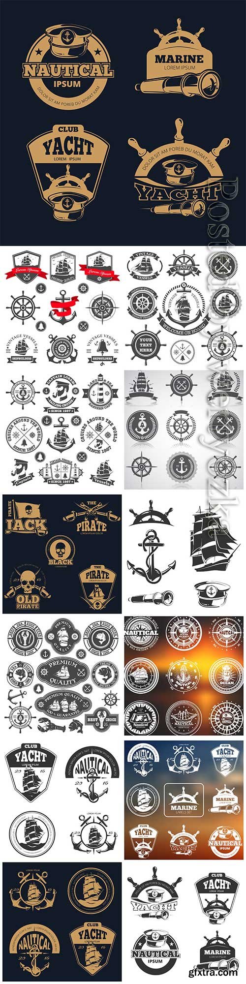 Set of nautical emblems, labels and esignaed elements