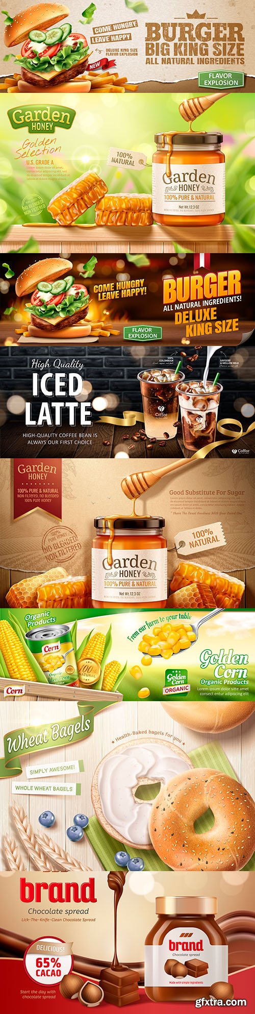 Tasty hamburger, garden honey and coffee advertising banner design
