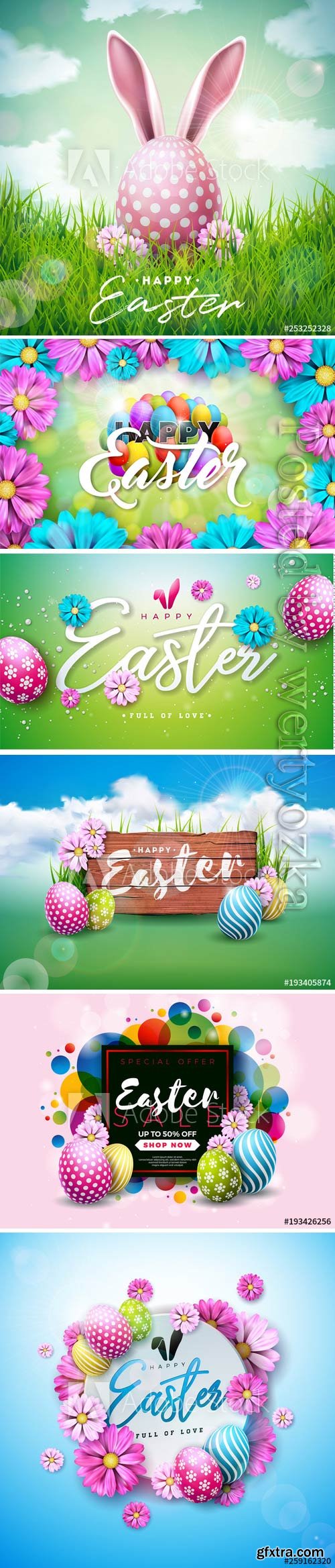 Happy Easter holiday with painted egg, rabbit ears and flower