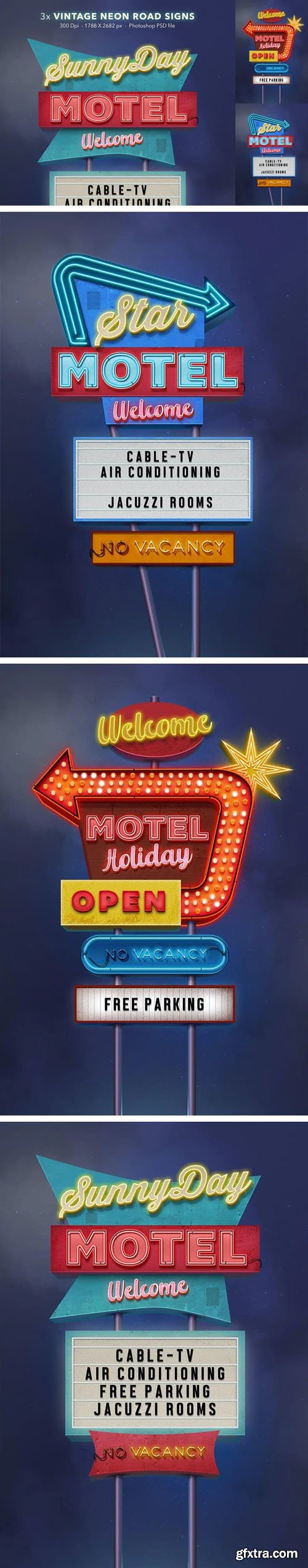 3x Vintage Neon Road Signs PSD Mockups