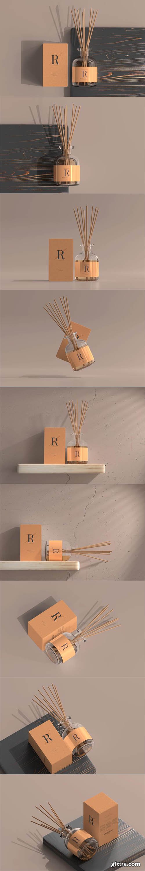 Incense air freshener reed diffuser glass bottle with box mockup