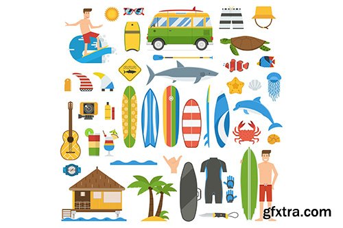 Summer Surfing Vacation Elements Set 